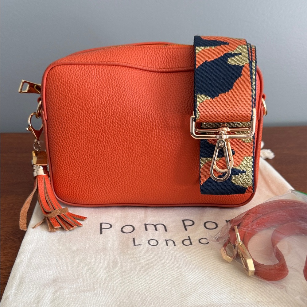 Pom Pom London Orange Crossbody Bag with Patterned Strap